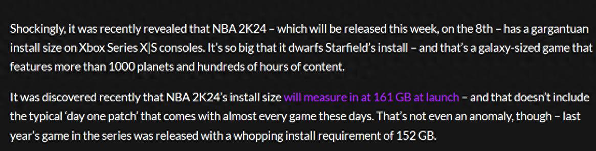 NBA 2K24在Xbox主机上文件达161GB比星空还大