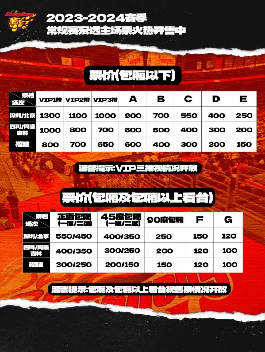 2023-2024 CBA联赛广东宏远主场票购票指南来啦