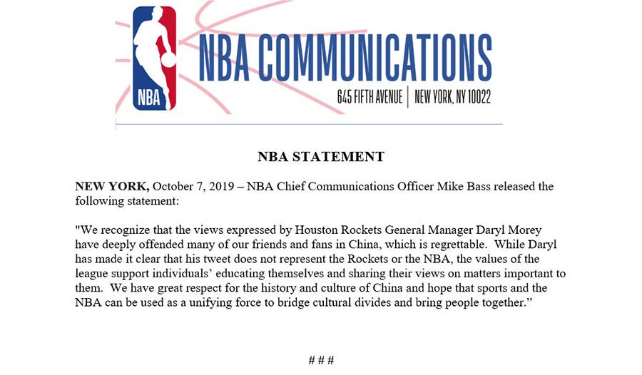 NBA莫雷涉港不当言论_火箭队nba中国赛_NBA火箭队抵制事件