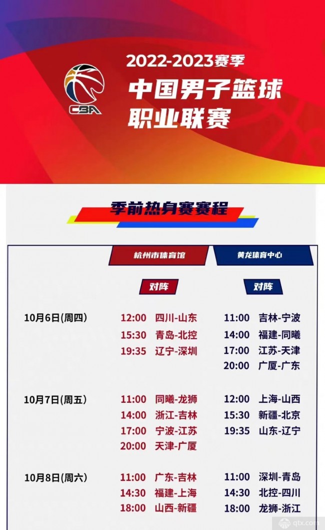 CBA 官方公布 2022 - 2023 赛季季前赛赛程10 月 6 日开打